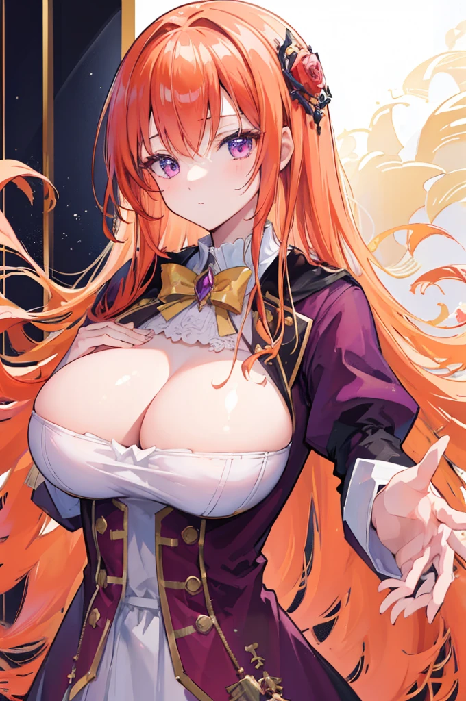 (masterpiece, highest quality:1.2), highest quality, masterpiece, high resolution, Anime style, portraiture, long hair, ginger hair, beautiful redhead, oversized coat, purple eyes, ((big breasts, huge breasts, large breasts, ample breasts)), magic, magic square, magician