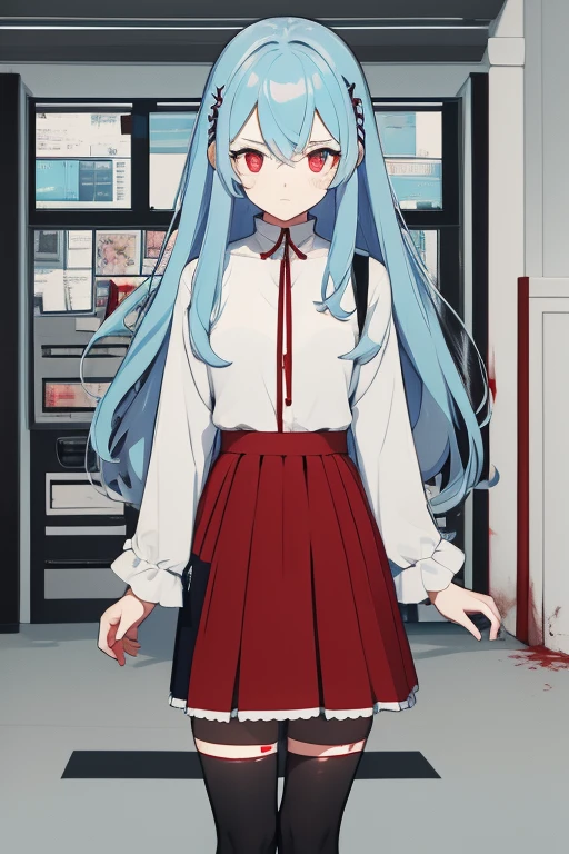Girl long light blue hair red eyes blood white shirt denim skirt, full of glitches and error screens