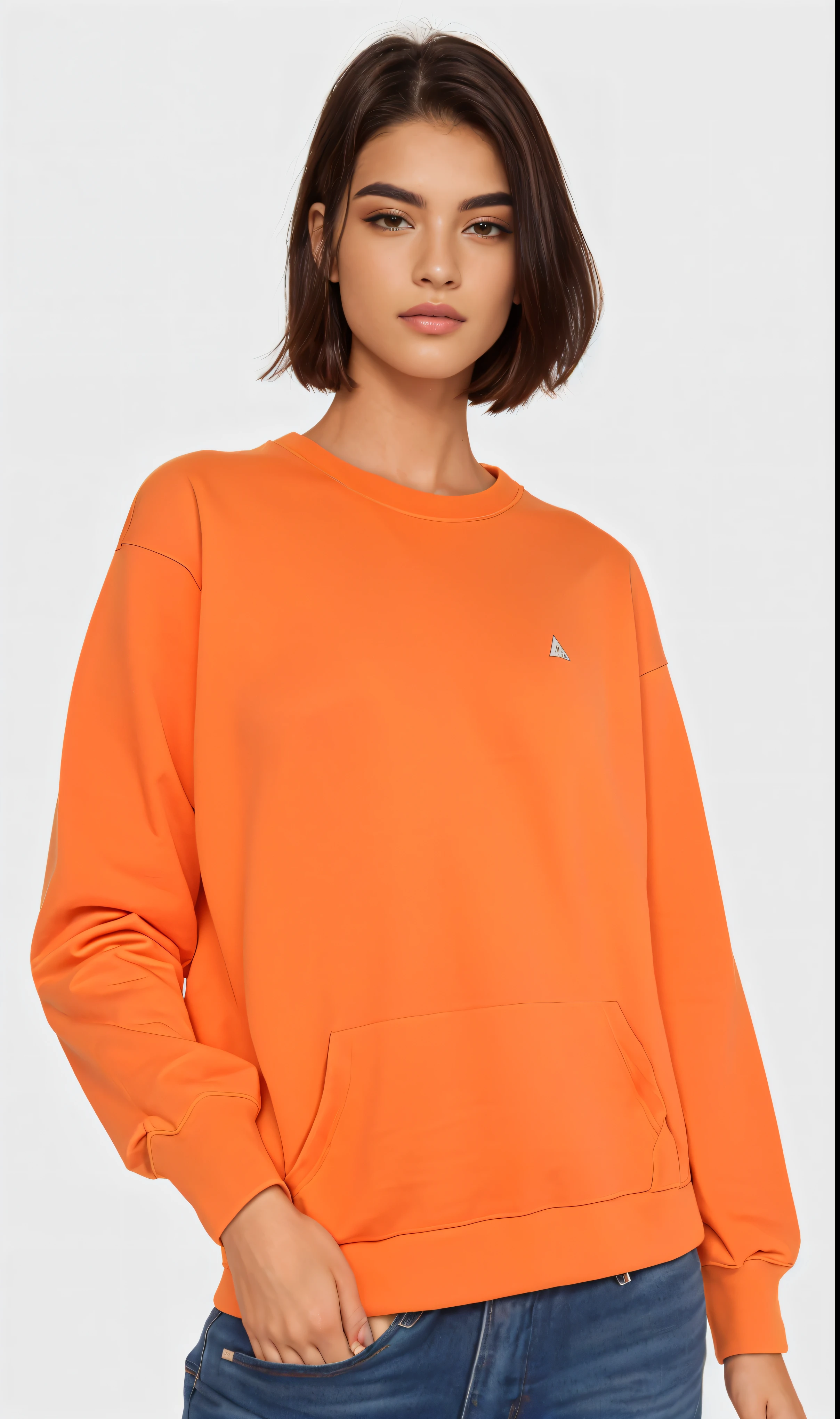 a woman in an Laranja sweatshirt posing for a picture, long Laranja sweatshirt, Manga compridas, neon Laranja, wearing an Laranja t shirt, wearing an Laranja t-shirt, Laranja hue, Laranja neon, Laranja color, Laranja hoodie, dark Laranja, Laranja, very Laranja, Manga comprida, vibrant Laranja, vibrant but dreary Laranja, com ombreiras, basic, mangas bufantes