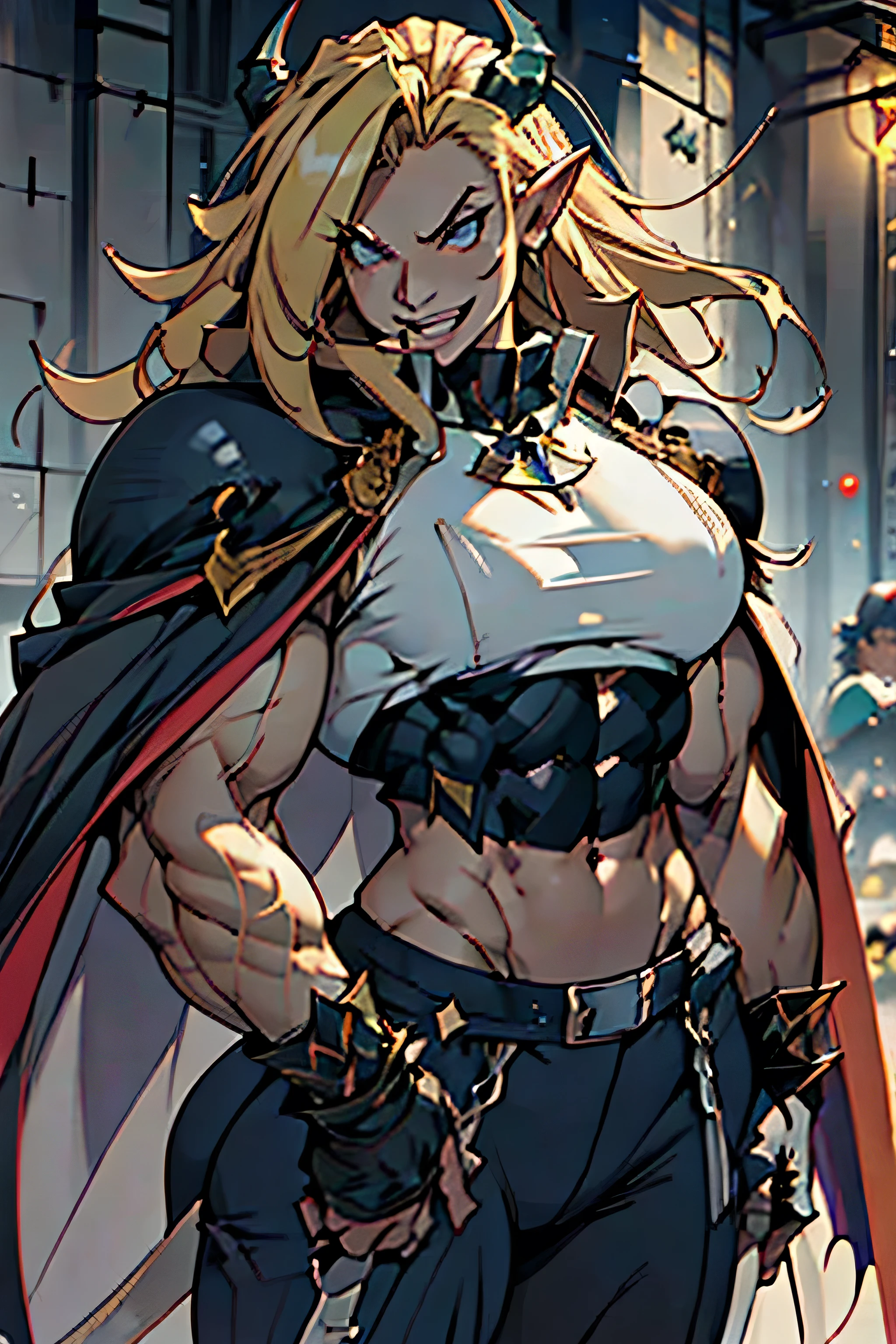 An elf woman with white, tanned skin and a muscular, voluptuous, heroic physique, sharp teeth like fangs, dragon horns, with incandescent eyes, blonde hair, rock star makeup, wearing very heavy gauntlets with claws, outfit villain purple, cape and laughing a lot, she has a dragon tail, war tattoos. Drawing art
