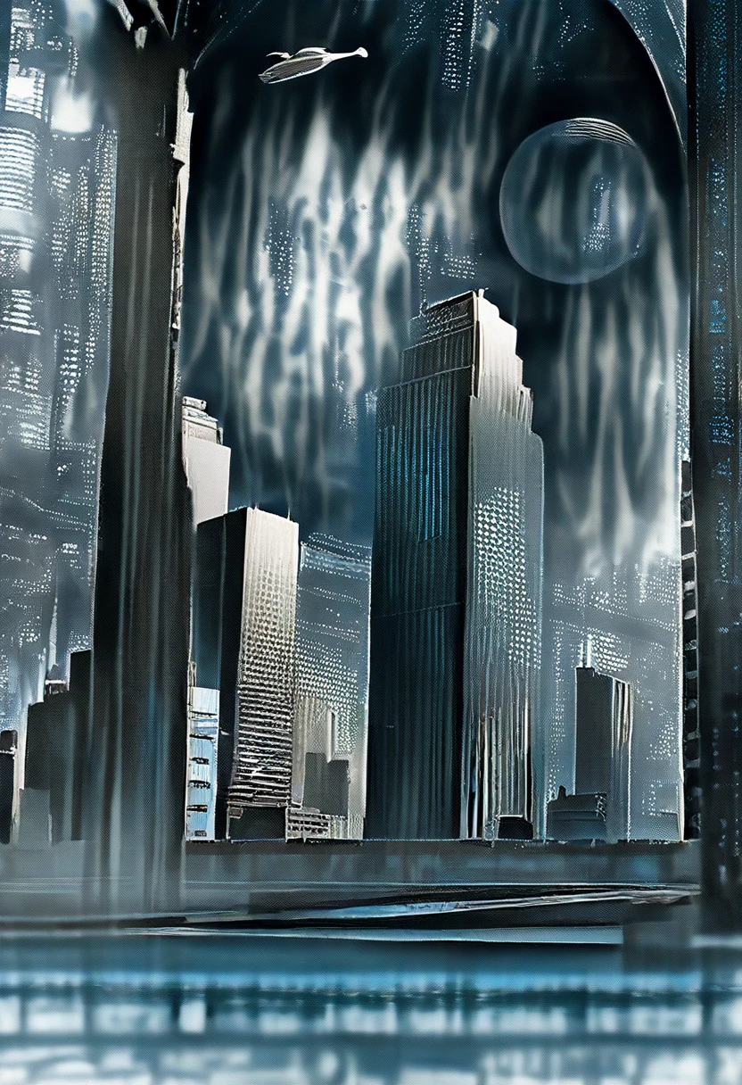 there is a black and white photo of the city with a plane flying over it, black and white matte painting, Atmospheric Shot, dramatic lighting. conceptual art, anime style cityscape, city in the background, Optimistic matte painting, day cityscape, inspired by Hugh Ferris, conceptual art, Cinematic installation frame, conceptual art, conceptual art, conceptual art!, soft focus matte painting