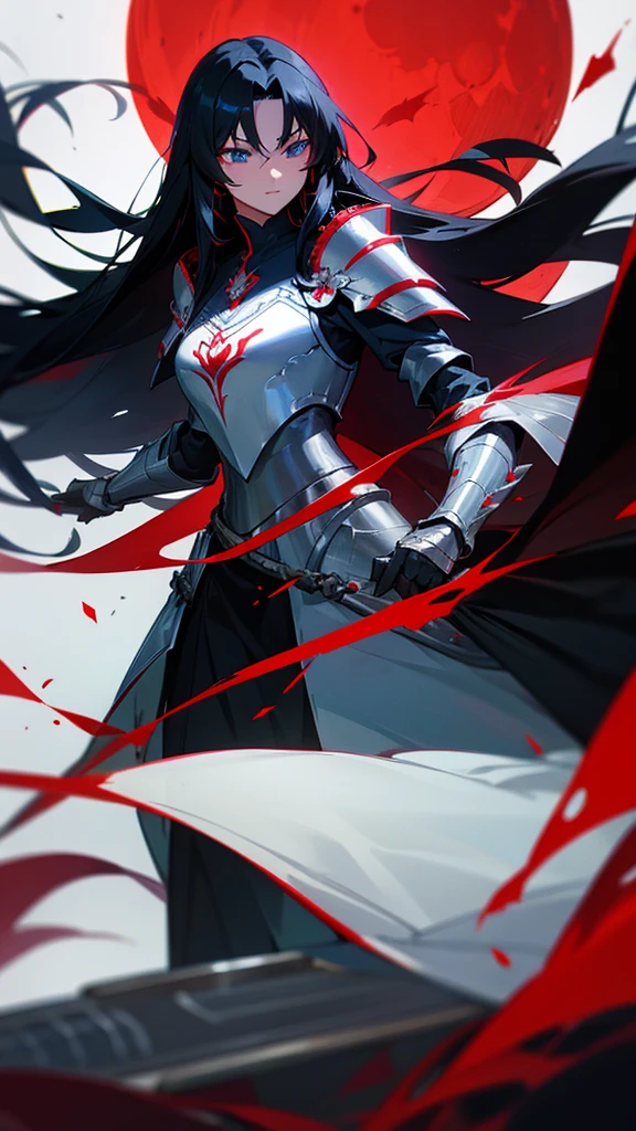(long hair) (black hair) (silver armor) (crimson moon) (dark blue eyes) (carry broadblade)