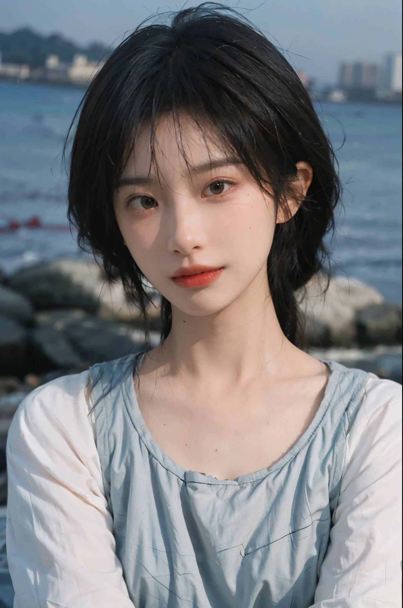 (Skin details:1.4), (Smooth skin texture:1.3), Direct vision, earrings, serene, calm, (Realistic and detailed eyes:1.2), Natural skin texture, Realistic facial details, Soft dramatic lighting, Vivid details, 35 mm film, outdoor, (Photo actual:1.4), (hyper actual:1.4), (actual:1.3), (Smoother lighting:1.05), (Improve lighting quality:0.9), (Highest quality real skin textures:1.4), Exquisite eyes, Delicate face, (Close-up of face, (Enhance the beauty of skin texture:1.1), Hair details, Noble temperament, Normal body proportions, Seaside background, Portrait Photography, Depth of Field, Bokeh, Surrealism, Ray tracing, (Portrait Photography:1.1), Surrealism, high detail, chiaroscuro, ray tracing, reflection light, UHD, UHD, masterpiece, textured skin, super detail, high details, high quality, best quality