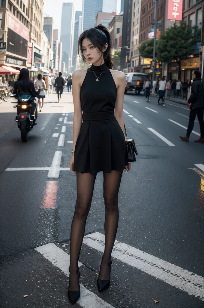 (((best quality))),(((ultra detailed))),(((masterpiece))),illustration,1girl,slim,vibrant cotton pink dress,short ponytail,flat chest,pantyhose,standing, bustling city streets, honking cars,surrounded by crowded crowds, colorful advertisements,enjoying sights and sounds,(dark black skin:1.5),(day scene:1.3),full body,arms behind back,sunshine,slender legs,sandals,sunshine