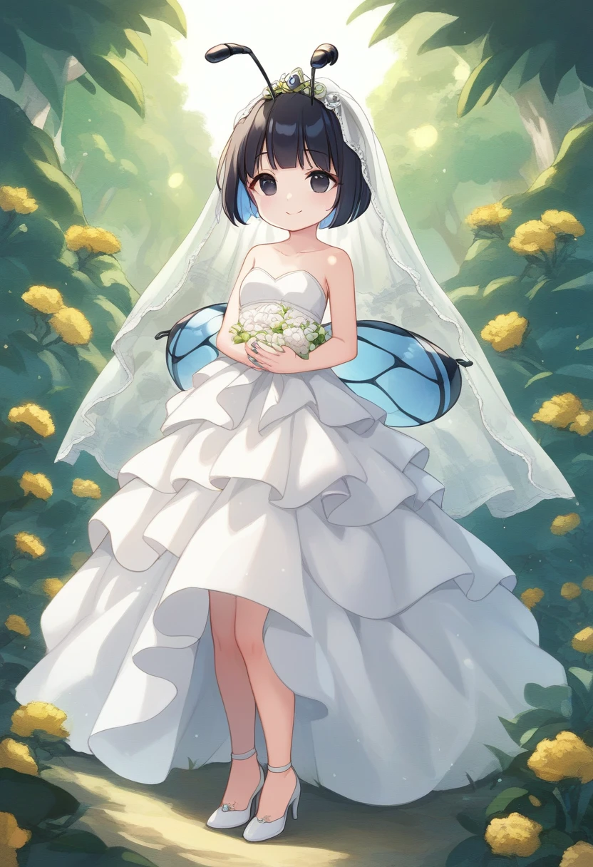 score_9, score_7_up, score_6_up, 1girl, source_cartoon, source_anime,breathtalking Scenery,watercolor,smooth soft skin, natural skin,
BREAK 
(hornet girl:1.4), bee girl,(little female child:1.3), (loli:1.3),6 yo, smile,baby face,small breast, cute face,oily skin,
BREAK 
(black bob cut:1.5),(yellow gradient hair:1.2),(yellow dip-dye hair:1.1),(black lob hair:1.2),ahoge,(nail_polish:1.1), black eyes,beautiful eyes, detailed eyes
BREAK 
(bee antennae:1.3), (PVC material Extremely small bee wings:1.2), (bee wings:1.1),
BREAK
(empire-Line white wedding dress:1.3),(silk veil:1.3),high heel,silk cape,(blush:0.8),pierce,
BREAK 
In a secluded setting, surrounded by a dense forest, the bog lay hidden like a secret gem, its misty surface whispering tales of ancient times,dynamicangle,dynamicpose,