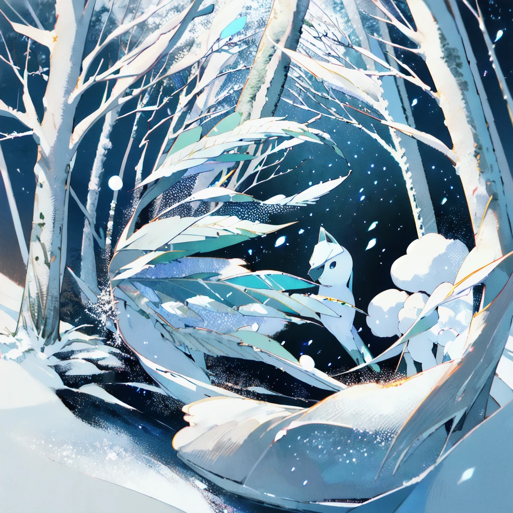 glaceon, snow,pokemon \(creature\),animal,  full body, tree,, (masterpiece, best quality,absurdres: 1.2),, perfect hands,, masterpiece,best quality,ultra-detailed,very detailed illustrations,extremely detailed,intricate details,highres,super complex details,extremely detailed 8k cg wallpaper