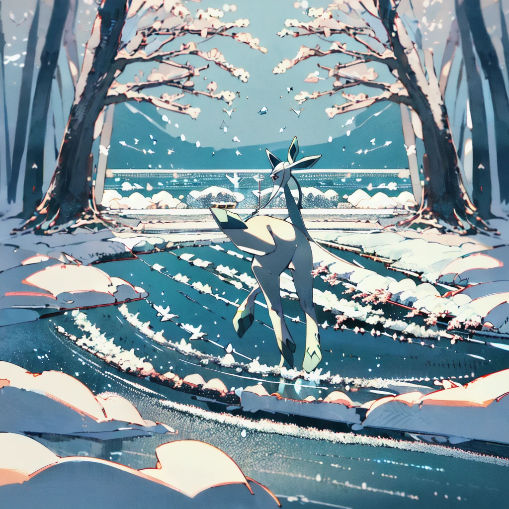 glaceon, snow,pokemon \(creature\),animal,  full body, tree,, (masterpiece, best quality,absurdres: 1.2),, perfect hands,, masterpiece,best quality,ultra-detailed,very detailed illustrations,extremely detailed,intricate details,highres,super complex details,extremely detailed 8k cg wallpaper