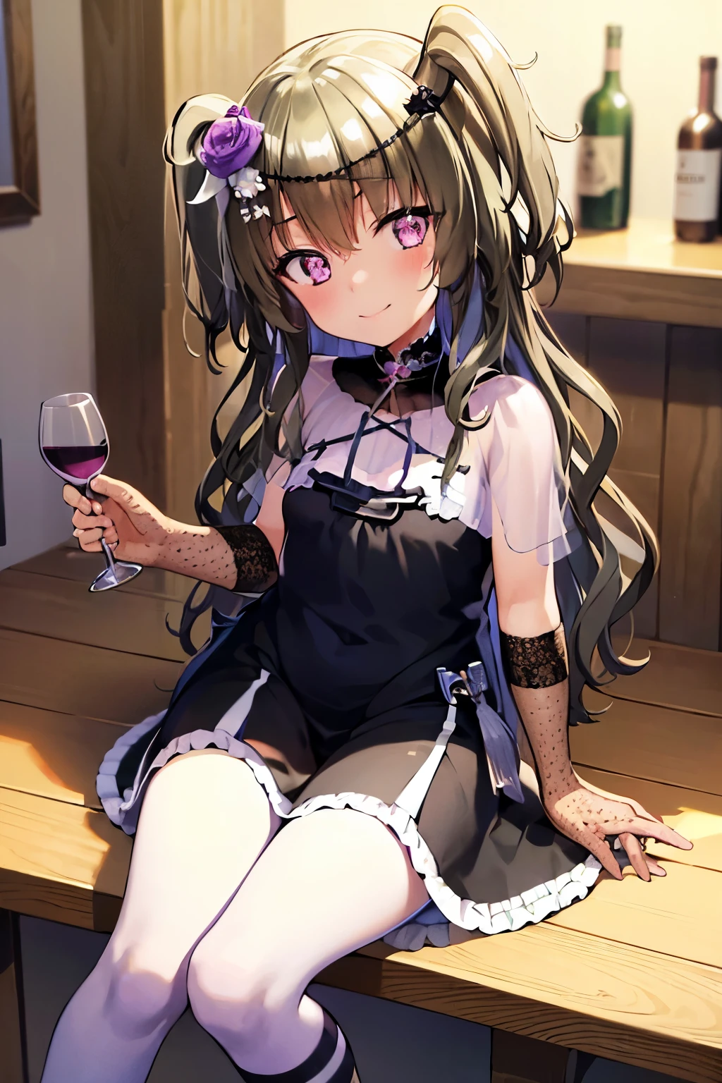 Himari Mei, masterpiece, ****, cute, flat chest, cute and shy smile, highly detailed sparkling brilliant purple eyes, black dress, perfect body, full body, head tilt, sitting, in bar, drinking wine, cheers with viewer