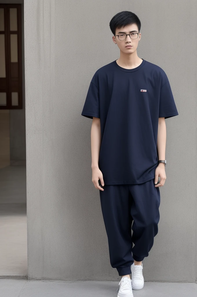 21 year old Beijing boy, he is wearing a oversize xxl blue plain t-shirt, he is wearing black trousers, he is wearing sneakers, he is wearing glasses, city, full body,  he is buzz cut Hair, foot, walking 