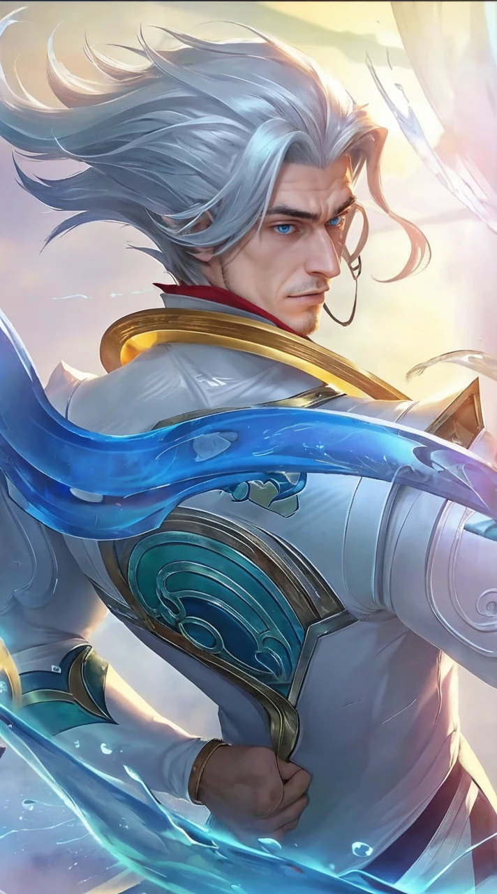 A handsome man, attractive in appearance, with sharp bright azure eyes and messy white hair, the man has a muscular build and toned figure, the man's body is slightly scarred due to him being a martial art fighter, the man's height is 6'5 and has sharp fangs. He has his arms crossed and is wearing a tight black compression shirt and he has a emotionless expression staring forward. The man has no facial hair.
