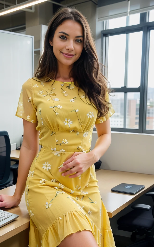 smiling, happy, beautiful brunette, standing at an office desk, smiling wearing a pretty yellow dress with flowers on, large office with computers, very detailed, 40 years, innocent face, long hair, natural wavy, blue eyes, high resolution, masterpiece, best quality, intricate details, highly detailed, sharp focus, detailed skin, realistic skin texture, texture, detailed eyes, professional, 4k, charming smile, shot on Canon, 85mm, shallow depth of field, kodak vision color, perfect fit body, extremely detailed, foto_\(ultra\), photorealistic, realistic, post-processing, maximum detail, roughness, real life, ultra realistic, photorealism, photography, 8k uhd, photography, busty
