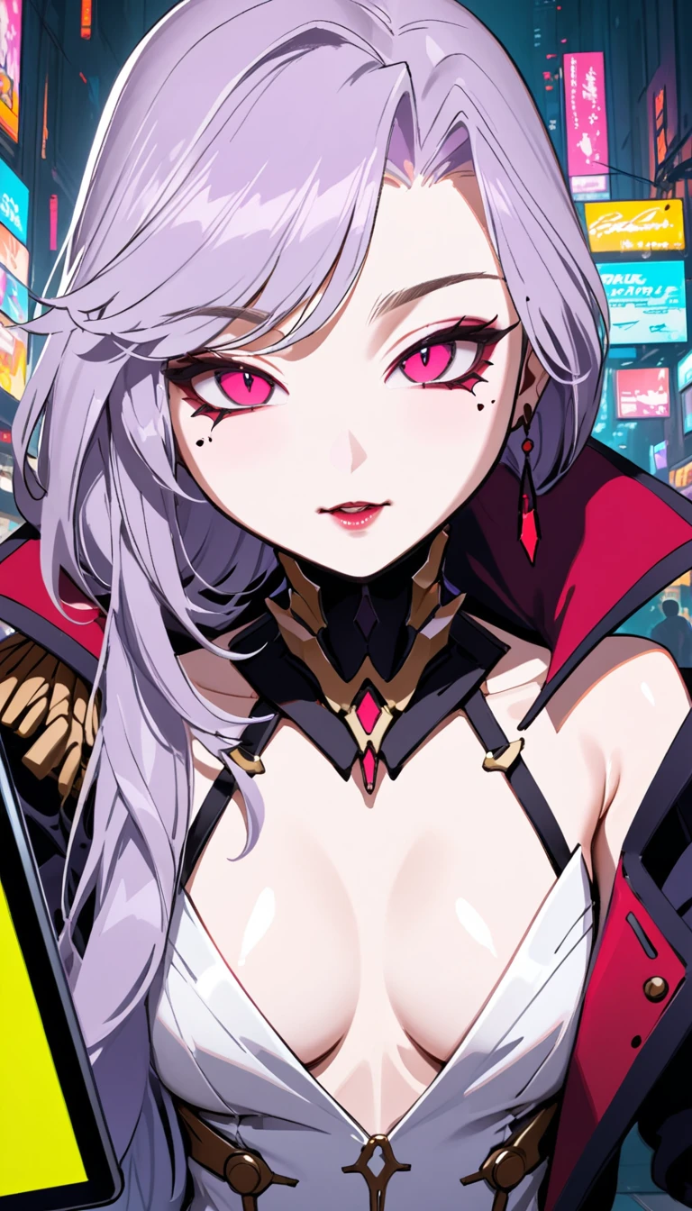 (masterpiece, best quality:1.2), 1girl, solo, Sonata, cyberpunk vampire with Palia, purple hair, in hads white tablet screen to viewer