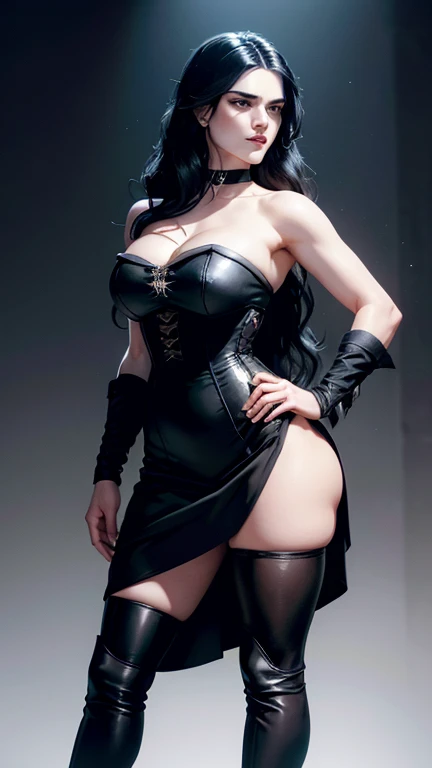 (Katie McGrath face), Generate an illustration of a young (Yennefer of Vengerberg), of Witcher 3,  hair combed to sides, layered haircut, de terno preto, long hair flows to her back, hair flows straight down, black hair, Ultrarealistic Violet eyes, both eyes are similar, (big round breasts), deep cleavage, round ass, black Corset outfit in anime format with a serious style, ((black strapless dress)), Ruby black velvet choker, grey tights, black boots, gothic make up, masterpiece, ((dark lighting)), black background, puffy lips,slendered toned abs, beautiful face