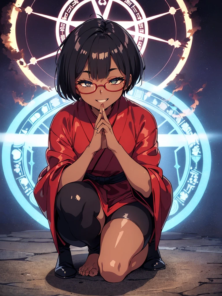 (flat chest:), (masterpiece:1.2), highest quality, High resolution, unity 8k wallpaper, (fine and beautiful eyes:1.6), highly detailed face, perfect lighting, Detailed CG, (perfect hands, perfect anatomy), (1 boy solo:1.4), 20 years old, black hair, extremely beautiful detailfeminine face and eyes, (evil smile:1.4), detailed eyes, best quality,( dark skin:1.8), (turtleneck shirt under yukata:1.2), (bike shorts:1.2), extremely detailed, very precise detailed, (glasses:1.3), blunt bangs, open mouth, (very short pixie cut:1.2), boots,fingerless gloves, smile, (half closed eyes:1.5),(burning fire background:1.3), ,(squat in magic circle on ground:1.1) ,night sky,long sidelocks,(long red Scarf),(yukata),(squatting),(acrobat pose:1.3),(squat:1.3),leaning forward,(one knee dwon:1.5),(Put one foot in front:1.3),(stylish pose:1.4),(Raise only index finger:1.1),(Joining hands:1.5),(retro artstyle:1.2), (1990s \(style\)),(1 magic circle on ground only:1.3),(from above:1.2)