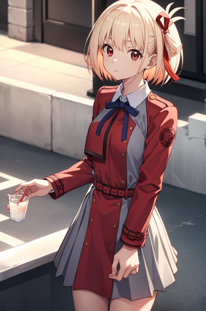 chisatonishikigi, nishikigi chisato, short hair, bangs, blonde hair, (red eyes:1.5), hair ribbon, one side up, bob cut,
BREAK shirt, long sleeves, dress, ribbon, white shirt, collared shirt, belt, neck ribbon, red dress, blue ribbon, pleated dress, grey dress, two-tone dress, red belt, lycoris uniform,,
BREAK outdoors, city,
BREAK looking at viewer, BREAK (masterpiece:1.2), best quality, high resolution, unity 8k wallpaper, (illustration:0.8), (beautiful detailed eyes:1.6), extremely detailed face, perfect lighting, extremely detailed CG, (perfect hands, perfect anatomy),