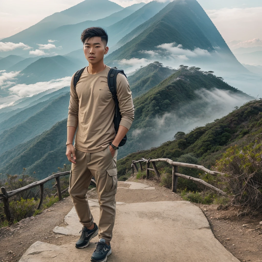 A young asian man, drop fade cut hair, , exploration style,hiking, Stand , behind misty mountains at Genting Height land, Malaysia , Wearing long sleeve beige colour T-shirt, gray hiking causal trouser, smart and handsome, black backpack, wearing desert shoe , upper body, face to viewer, detail on face and body features, 8k resolution , masterpiece, hd photo,