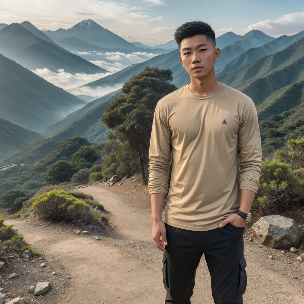 A young asian man, drop fade cut hair, , exploration style,hiking, Stand , behind misty mountains at Genting Height land, Malaysia , Wearing long sleeve beige colour T-shirt, gray hiking causal trouser, smart and handsome, black backpack, wearing desert shoe , upper body, face to viewer, detail on face and body features, 8k resolution , masterpiece, hd photo,