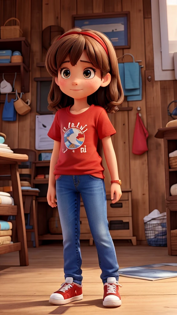 Clara is a girl, has brown hair, mid back, Brown eyes, front and full body. Wear blue jeans, red sneakers and red t-shirt. She is intelligent and adventurous. He finds himself in his grandmother's garden.