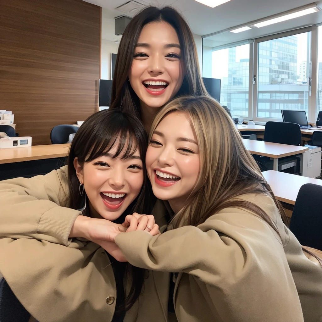 Laughing Japanese office lady、office、masterpiece, Highest quality, Photorealistic、Laughing with your mouth open、Smiling at the camera