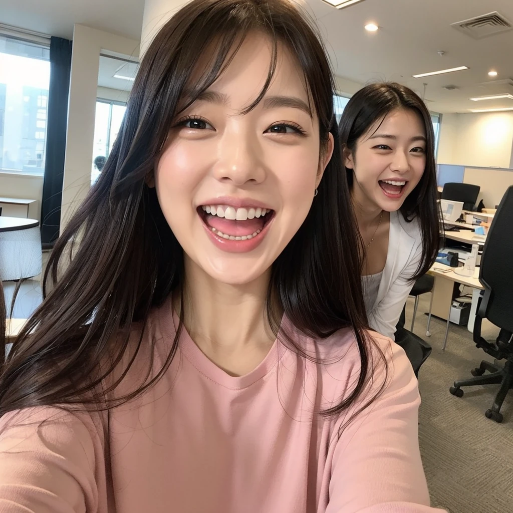 Laughing Japanese office lady、office、masterpiece, Highest quality, Photorealistic、Laughing with your mouth open、Smiling at the camera