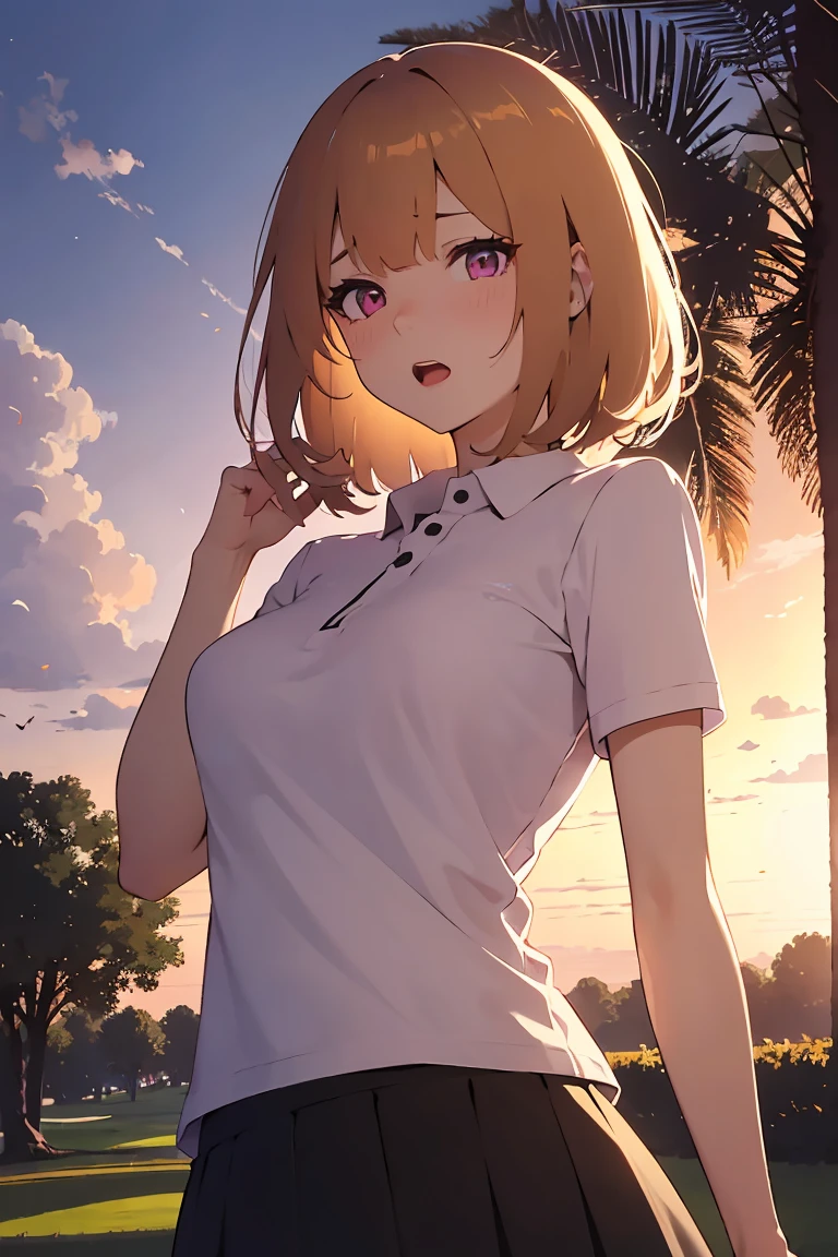 masterpiece, absurdres, best quality, ultra detailed, high Resolution, detailed illustration, bright colour, (extremely beautiful detailed face and eyes, Delicate beautiful face, 1 girl, cute face:1.3), (magenta eyes:1.1), sparkling eyes, big eyes, medium breasts, (perky breasts:1.1), (pointy breasts:1.1), medium hips, glamorous body, white skin, BREAK, long bob cut, (blonde hair:0.8), messy hair, detailed hair, shiny hair, BREAK (Polo shirt, down blouse, skinny middle skirt:1.3), perfect lighting, (embarrassed:1.3), (, vulgarity:1.5), (trembling:0.8), Golf course, Playing golf, 