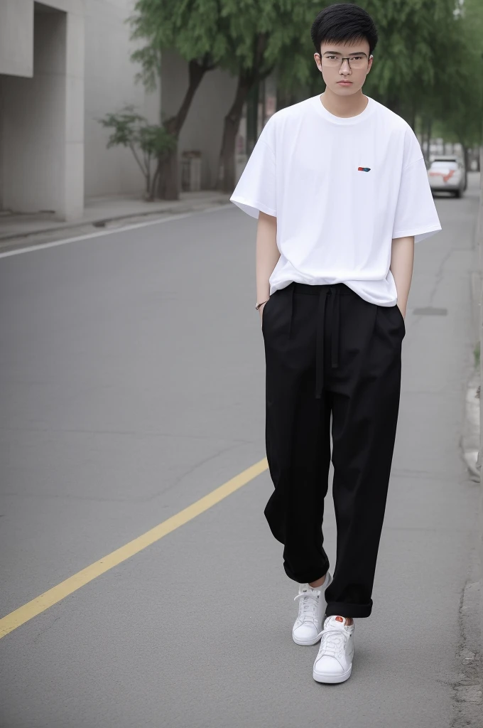 21 year old Beijing boy, he is wearing a oversize xxl white plain t-shirt, he is wearing black trousers, he is wearing sneakers, he is wearing glasses, city, full body,  he is buzz cut Hair, foot, walking 