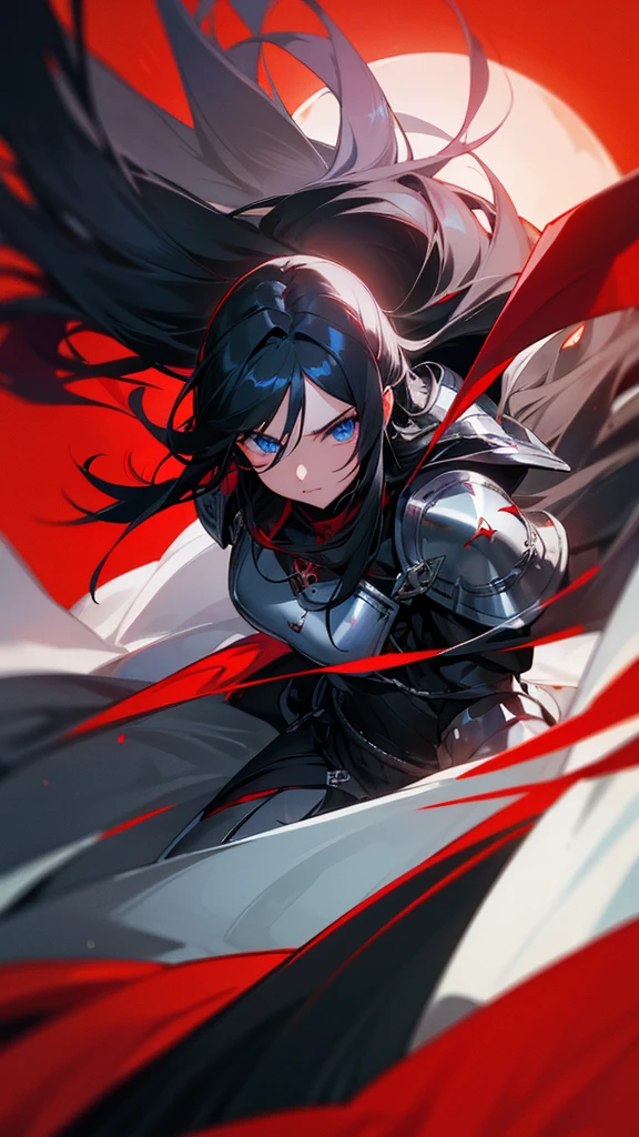 (long hair) (black hair) (silver armor) (crimson moon) (dark blue eyes) (carry broadblade)