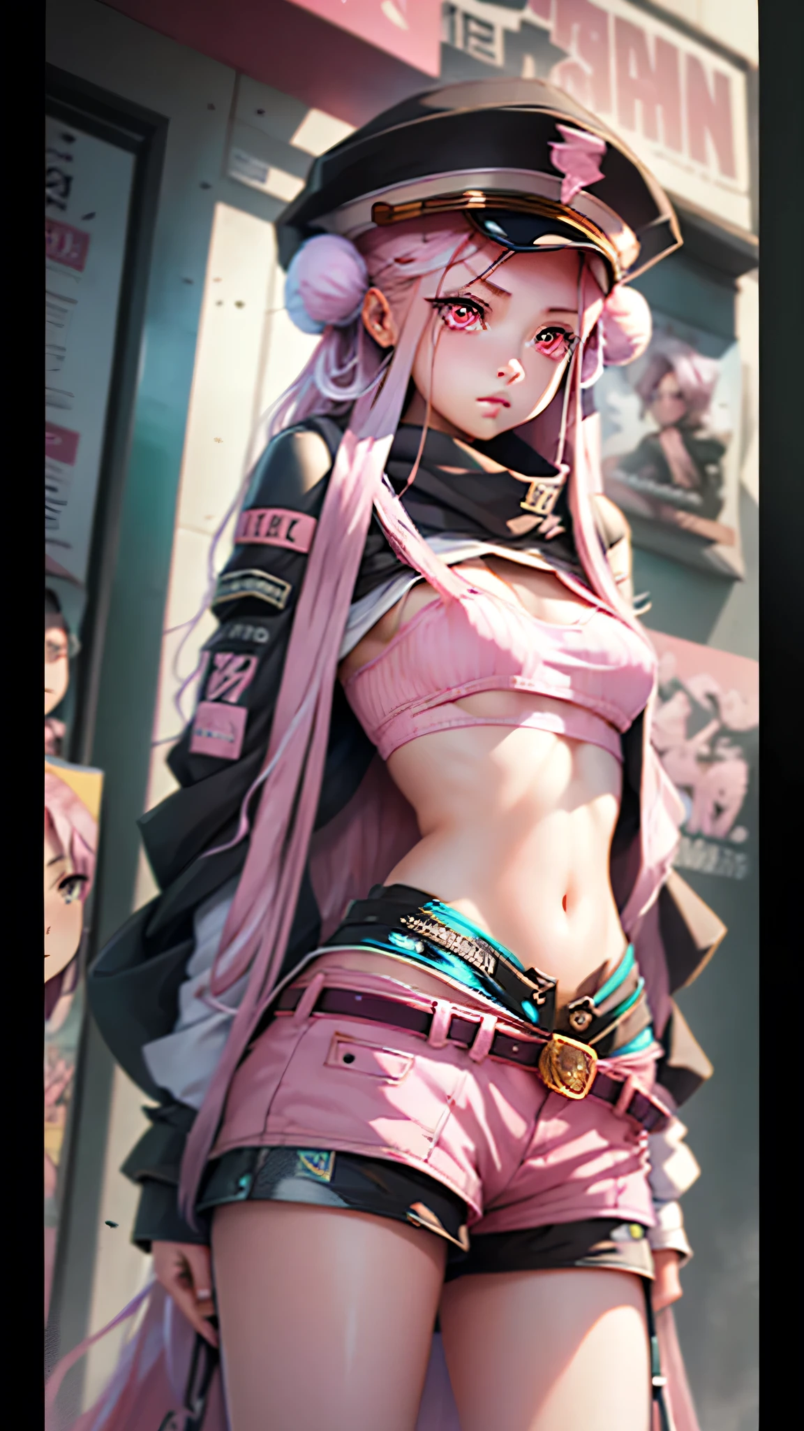Beautiful woman medium hair, Wearing a hat, Cyberpunk Shorts,masterpiece, Highest quality, High resolution, (An illustration),{Detailed and beautiful eyes}, finely,  Detailed and beautiful eyes,(((Pink Eyes))),(((Long pink hair))),(Small breasts),Kunimi Tama,