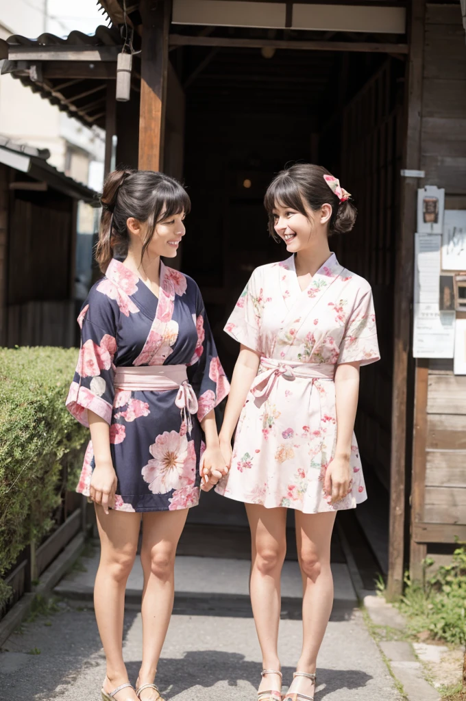 2 girls standing in old-Japanese street,floral pink yukata with red obi,25-year-old,bangs,a little smile,thighs,knees,short hair and low pigtails with red ribbon bow,from before,front light