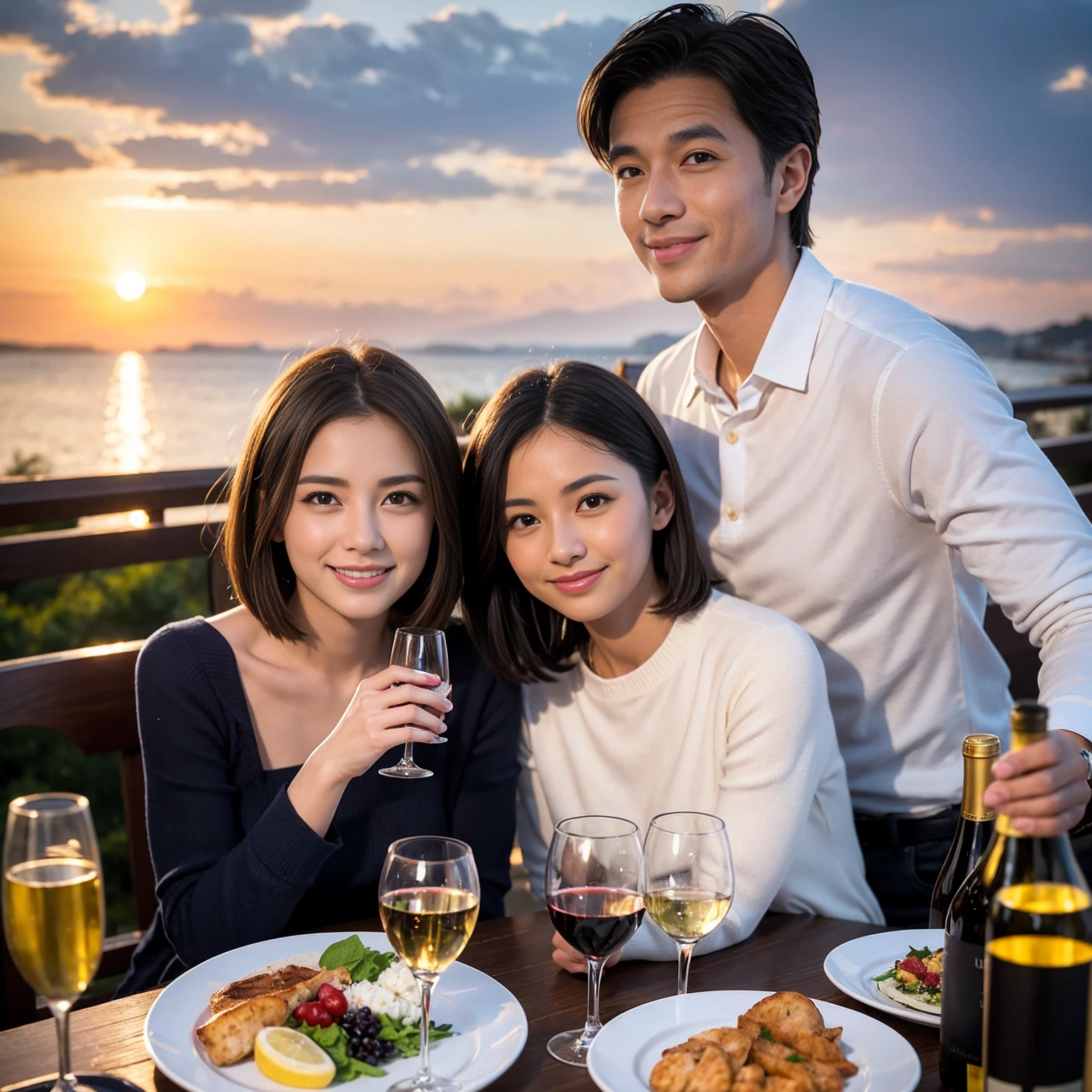 ((Highest quality、8K、masterpiece:1.3))、 (Ultra-realistic、 Genuine、Bright image、Intricate details:1.2), 最高のsmile、1 male、1 female、Beautiful couple、love love love、spouse、spouse、Good friends、actress couple、smile、Full-course dinner at a packed table、 (Slim face), (the body is slim), (Brown Hair), (short hair), テーブルのwine glass、Please shine a light on my face、 Amazing view of the sunset sky and clouds、9 years old, red wine 、Appetizers、Wine bottle、sparkling wine、Long sleeve shirt、dress、White wine, red wine, wine glass, 