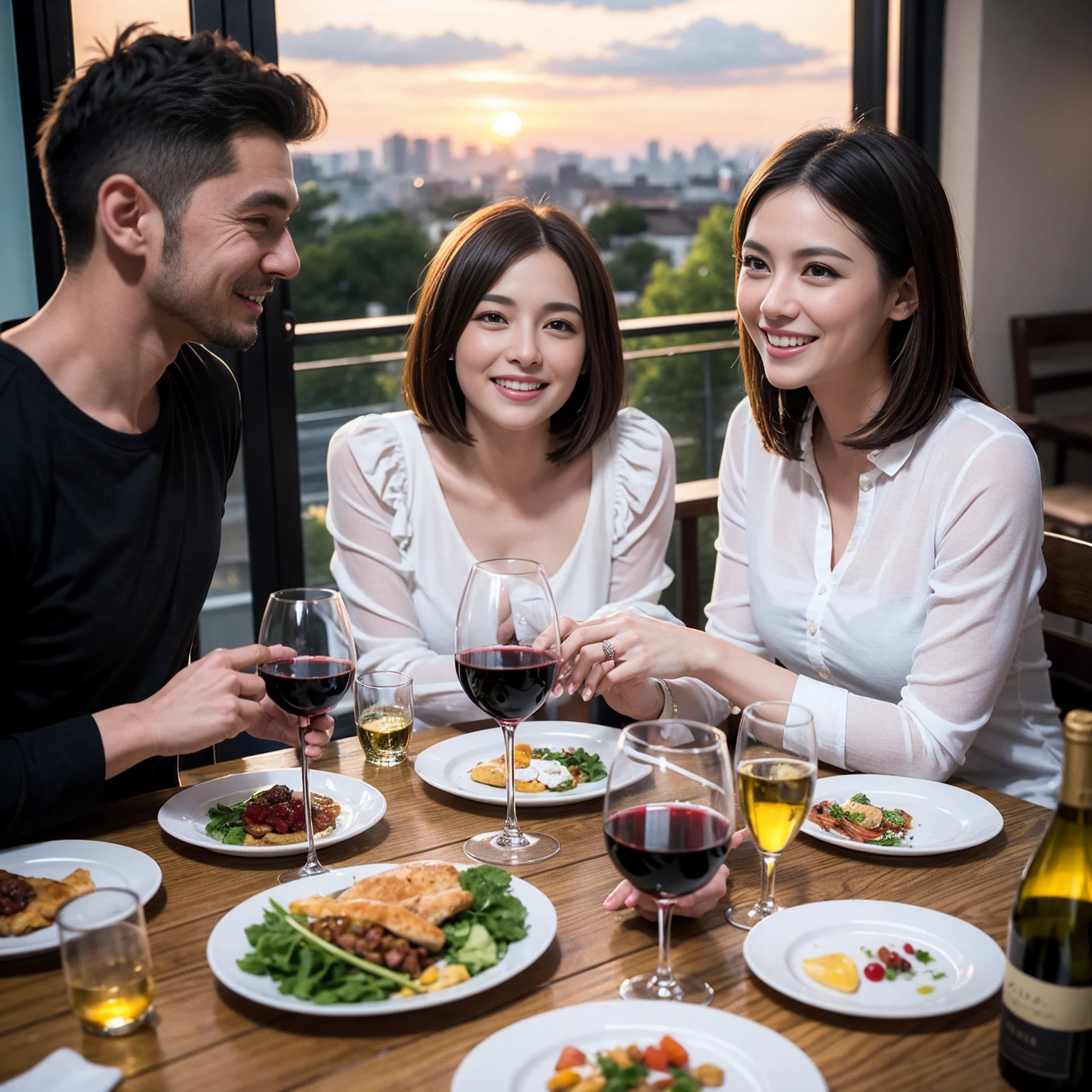 ((Highest quality、8K、masterpiece:1.3))、 (Ultra-realistic、 Genuine、Bright image、Intricate details:1.2), 最高のsmile、1 male、1 female、Beautiful couple、love love love、spouse、spouse、Good friends、actress couple、smile、Full-course dinner at a packed table、 (Slim face), (the body is slim), (Brown Hair), (short hair), テーブルのwine glass、Please shine a light on my face、 Amazing view of the sunset sky and clouds、9 years old, red wine 、Appetizers、Wine bottle、sparkling wine、Long sleeve shirt、dress、White wine, red wine, wine glass,
