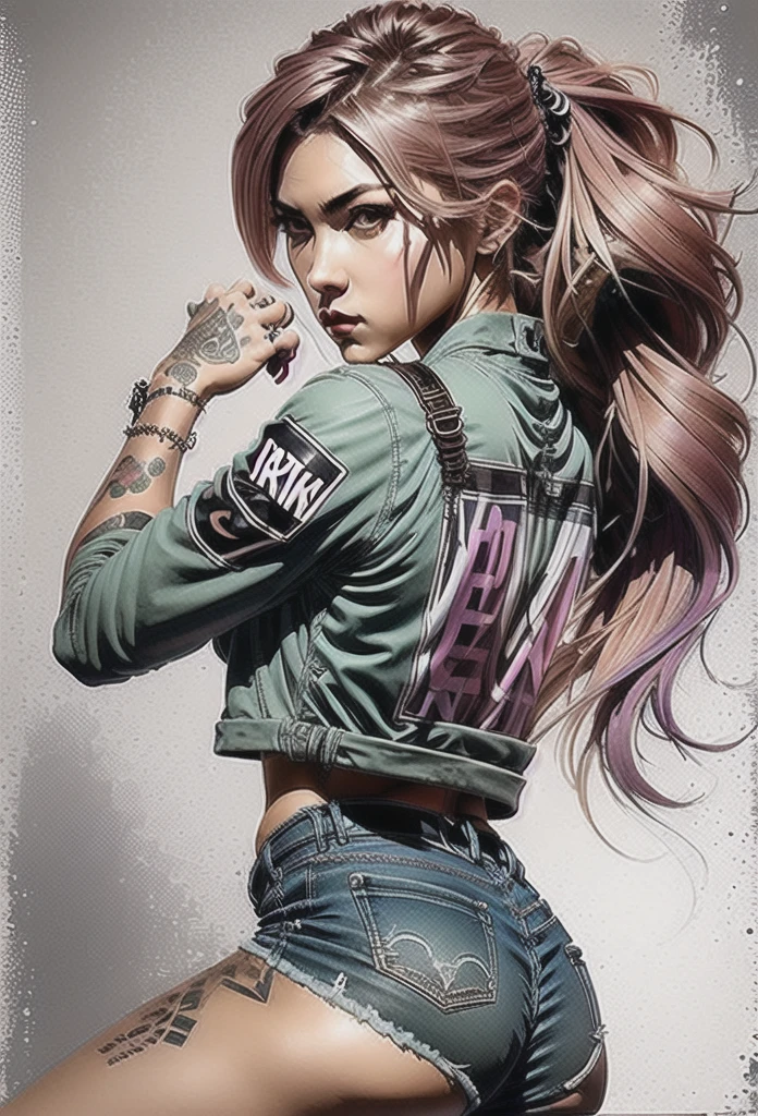 Woman Blonde Hair、Green Eyes、Pink bat、Black top, Realistic art style, Portrait of Rosdrow, Art Germ Portraits, アニメのRealistic art style, 4K Realistic Digital Art, 4K Realistic Digital Art, 8k art germany bokeh, deviantart artstation cgscosiety, artgerm very detailed, Created by Anime Painter Studio, RossDraw デジタルペインティングHighest quality:0.8), (Highest quality:0.8), Perfect anime illustration, A girl with a casual side ponytail and cropped hair、Future punkish distressed jeans、Middle finger up。Sneakers that look light on the feet。light blue lip。Sharp Eyes。Overall image of a toned body。