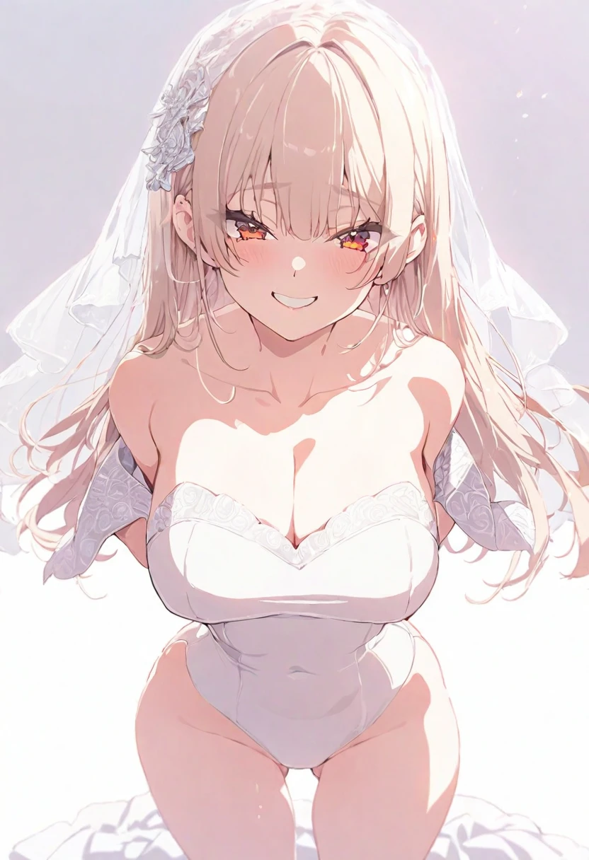 (masterpiece), (best quality), perfect face, beautiful girl, white background background, delicate and beautiful face and eyes, dark intense shadow, 
1 girl, vtuber style, cool girl, hololive, Houshou Marine, Wedding dress, big chest, cropped shoulders, clavicle, winking, smile, body visible through clothes, chest visible through clothes, ass visible through thighs, (full body), looking at viewer, standing,