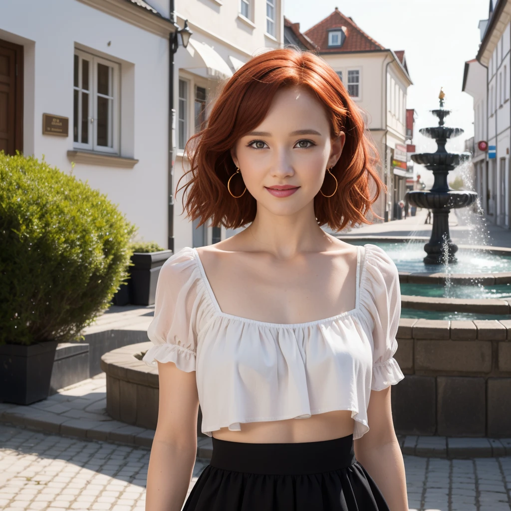 in the picture only a single woman with a head and an anatomically correct body, beach of sylt, a single 16-year-old on the beach, wunderschöne Red-Hairede junge Frau , beautiful detaileld face, perfect face, perfect body body, perfect anatomy, wearing nice stylish earrings, Red-Haired (Christa Theret: 1.3), ( Alexia Fast: 1.3),  with polymer clay leaf earrings, beautiful colorful earrings,Highly detailed youthful face, proporções perfeitas, ((red hair)), pony tail, curly hair, stylish skirt and top, very detailed, curly short hair, Relaxed smile, 16K, HDR, broad light, high contrast, keen focus, RAW color photo, Außenaufnahme, Town, Shopping mile, historical old city, historical sexy fountain