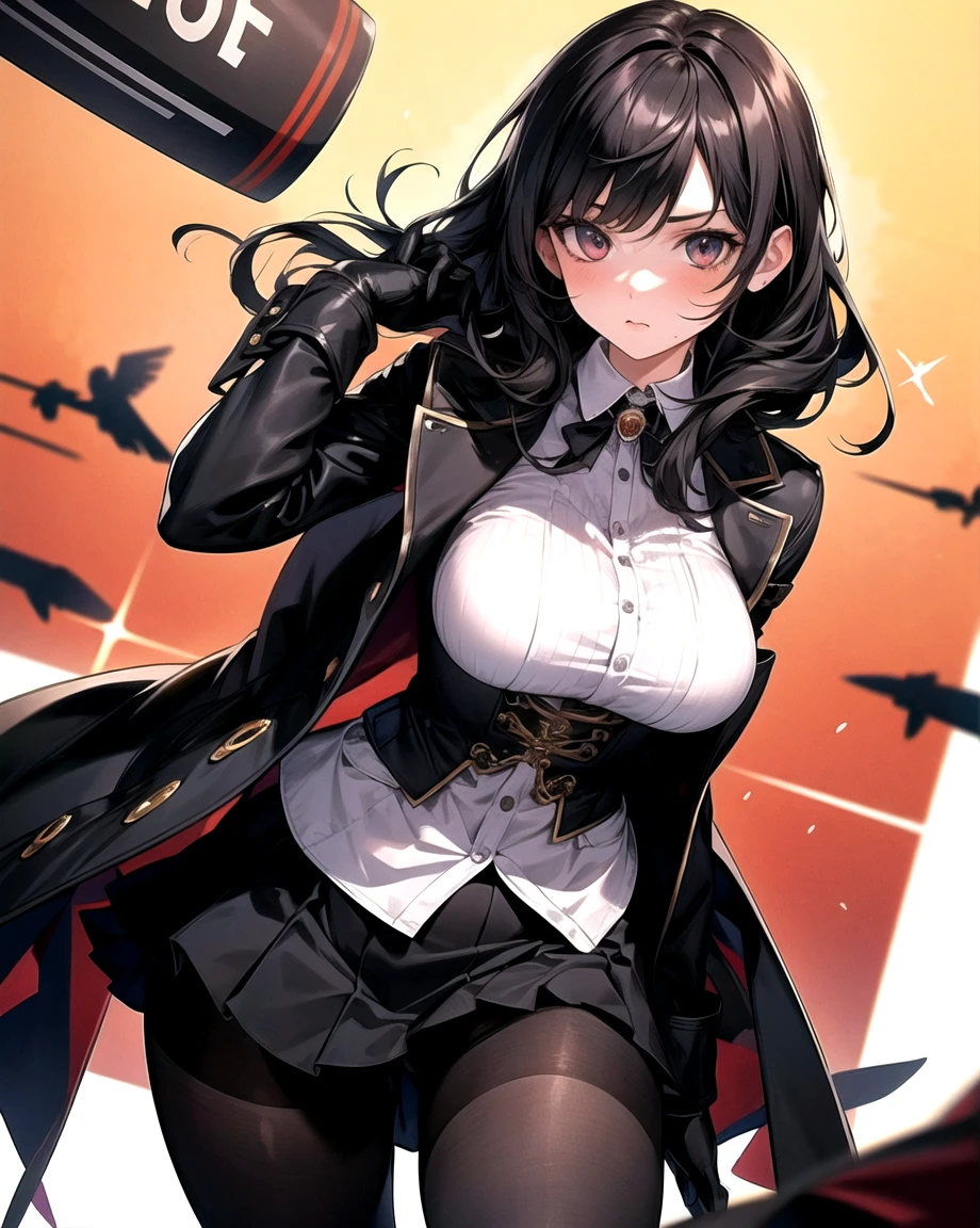 One girl, alone, Large Breasts, Black Pantyhose, Black mini skirt, Costumes - Hindenburg,
Elbow hand pockets, Black gloves,
Are standing, Cowboy Shot,