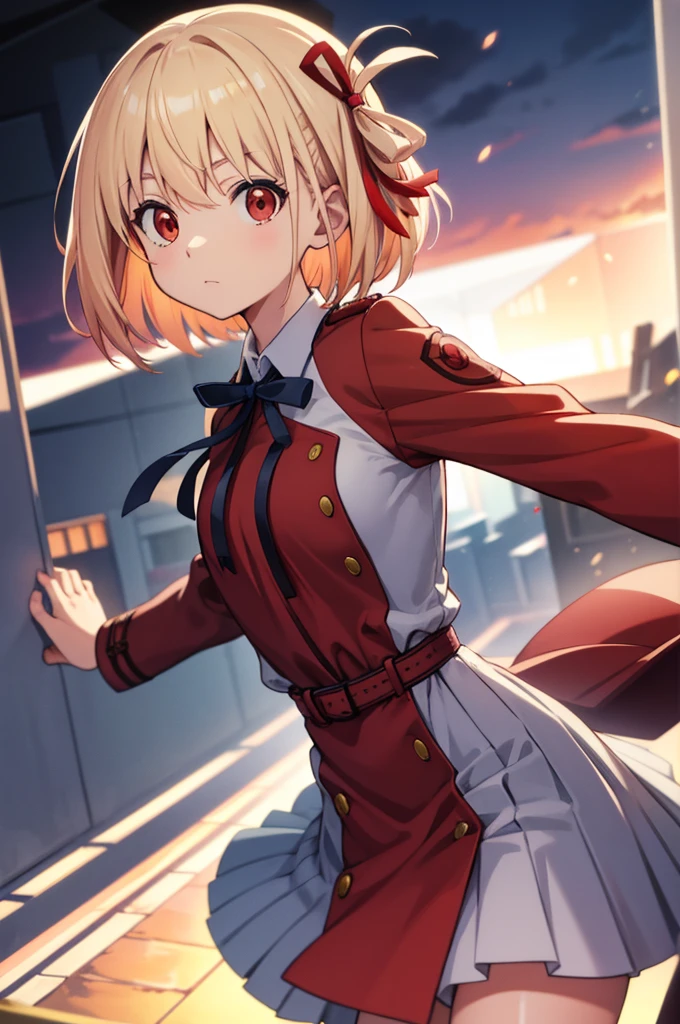 chisatonishikigi, nishikigi chisato, short hair, bangs, blonde hair, (red eyes:1.5), hair ribbon, one side up, bob cut,
BREAK shirt, long sleeves, dress, ribbon, white shirt, collared shirt, belt, neck ribbon, red dress, blue ribbon, pleated dress, grey dress, two-tone dress, red belt, lycoris uniform,,
BREAK outdoors, city,
BREAK looking at viewer, BREAK (masterpiece:1.2), best quality, high resolution, unity 8k wallpaper, (illustration:0.8), (beautiful detailed eyes:1.6), extremely detailed face, perfect lighting, extremely detailed CG, (perfect hands, perfect anatomy),