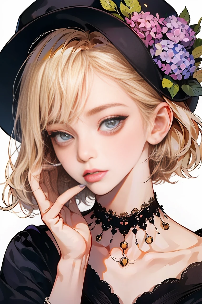 (Highest quality:0.8), (Highest quality:0.8), Perfect illustration,Beautiful woman portrait、One girl, bangs, Black nails, Blonde, Mouth closed, clavicle, ear Earrings, Earrings, Fashion G, hair ornaments, Food, Foodie, Jacket, jewelry, looking at iniewer, Medium Hair, Manicure, necklace, Earrings, short hair, Hydrangea、hydrangea, sleeines past wrists, 一人in, Both sides up, Upper Body, in, Pop Background、Droopy eyes、Celebrity Hat