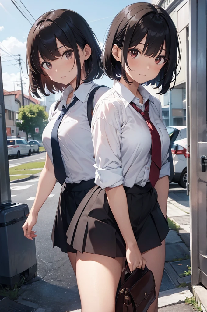 there is a woman wearing a tie and white shirt, with short hair, linda mulher sul-korean,  korean, sun yunjoo, linda atriz korean, linda jovem korean, Lee Ji-eun, Lee Ji-eun, xintong chen, neat hair with bangs, short brown hair with bangs, linda jovem korean, heonhwa choe