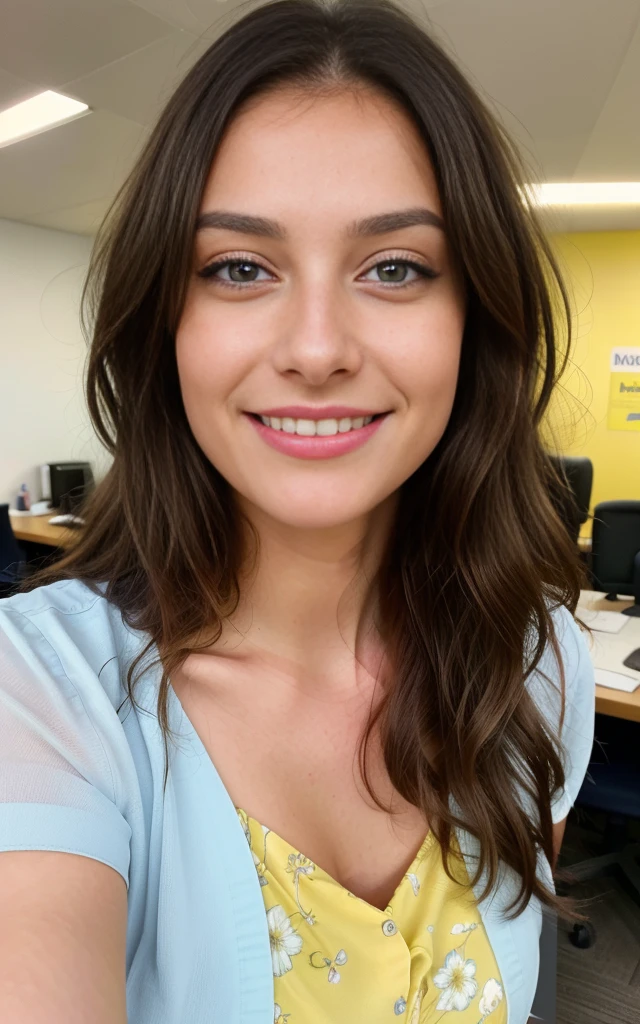 smiling, happy, beautiful brunette, standing at an office desk, smiling wearing a pretty yellow dress with flowers on, large office with computers, very detailed, 40 years, innocent face, long hair, natural wavy, blue eyes, high resolution, masterpiece, best quality, intricate details, highly detailed, sharp focus, detailed skin, realistic skin texture, texture, detailed eyes, professional, 4k, charming smile, shot on Canon, 85mm, shallow depth of field, kodak vision color, perfect fit body, extremely detailed, foto_\(ultra\), photorealistic, realistic, post-processing, maximum detail, roughness, real life, ultra realistic, photorealism, photography, 8k uhd, photography, busty