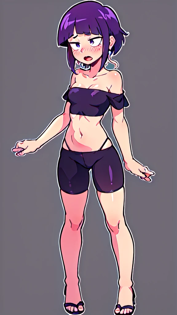 kyoka jiro, 1girl, solo, breasts, blush, short hair, bangs, simple forest background, strapless small croptop, black spandex, open-toe high heels, open mouth, purple eyes, collarbone, full body, purple hair, short sleeves, blunt bangs, looking away, long earlobes, tiny waist