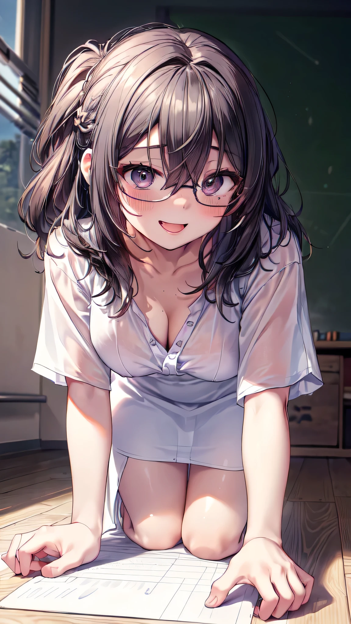 (Ultra-high resolution of the highest quality, masutepiece, Best Quality, 8K, Super Detail, Best Quality:1.3), (Anatomically correct:1.2), (1 elementary school female teacher:1.6), (large breasts:1.2), (drooping eyes:1.3), (blush cheek, blush body:1.3), (wavy hair, braid hair:1.2), (long hair:1.2), (black hair:1.2), (glasses:1.3), (white blouse, pencil skirt:1.7), (class room:1.1), front view, Extremely cute, (extremely detailed beautiful face), Authentic skin texture, beautiful hair, beautiful face, beautiful eyes, beautiful body, beautiful hands, (clothed:1.6), (aroused, naughty face, seductive smile:1.8), (trance, happy:1.8), (steam:1.4), (hair over eyes:1.5), (looking down:1.3), (open mouth:1.4), (face focus:1.6), cleavage breasts focus, (from below:1.3), (all fours:1.6), (slouching forward:1.6), (leaning forward:1.6), (over size blouse:1.4)