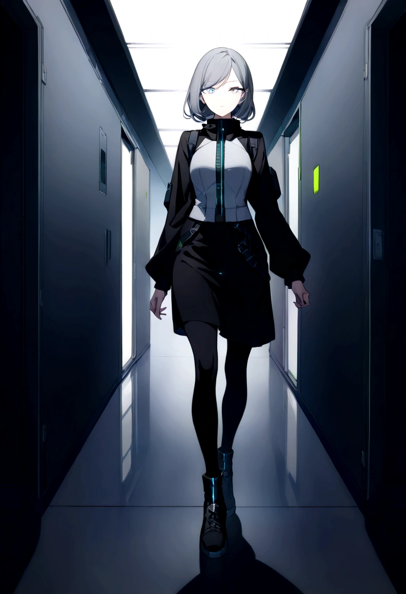 (masterpiece, 32k, 8k, white laboratory corridor setting, character walking towards the viewer) woman, 30s, naturally beautiful face, blank expression, cyberpunk style clothing, ((eyes of different colors, one blue eye and the other gray eye))