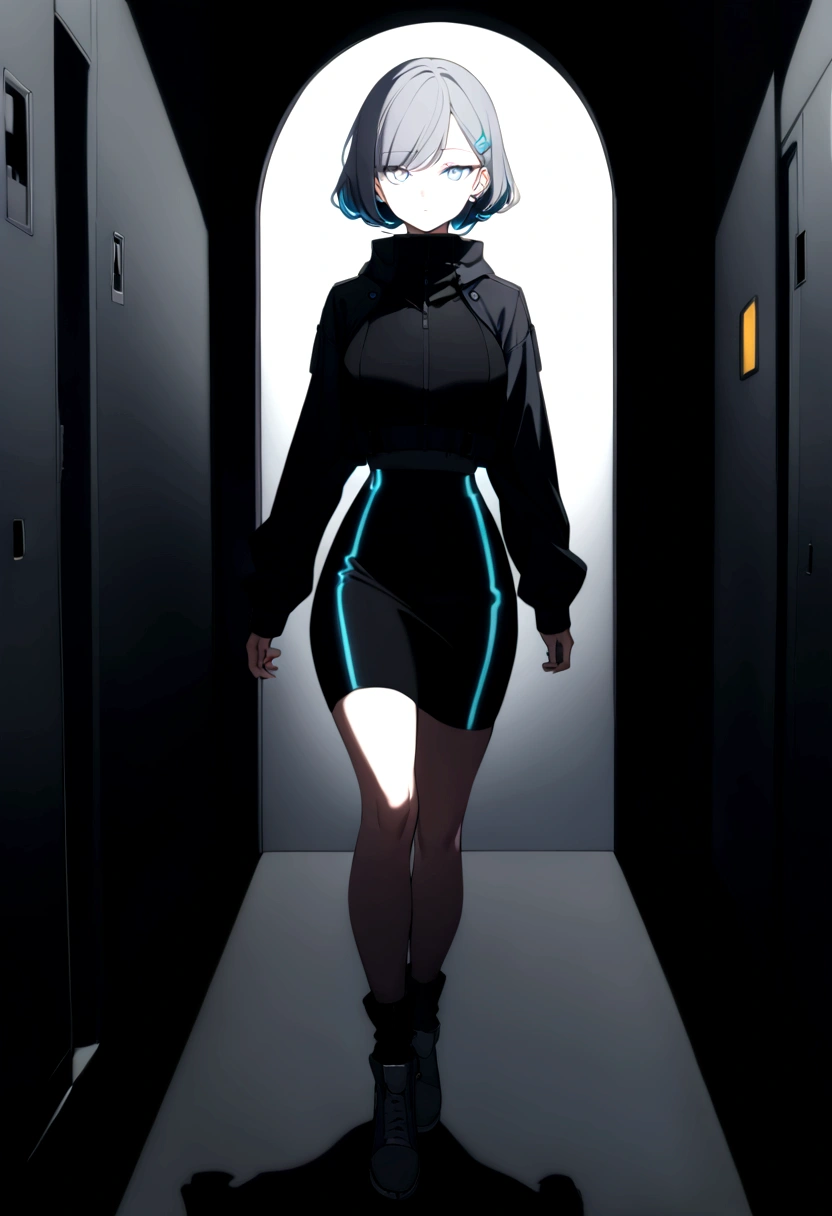 (masterpiece, 32k, 8k, white laboratory corridor setting, character walking towards the viewer) woman, 30s, naturally beautiful face, blank expression, cyberpunk style clothing, ((eyes of different colors, one blue eye and the other gray eye))