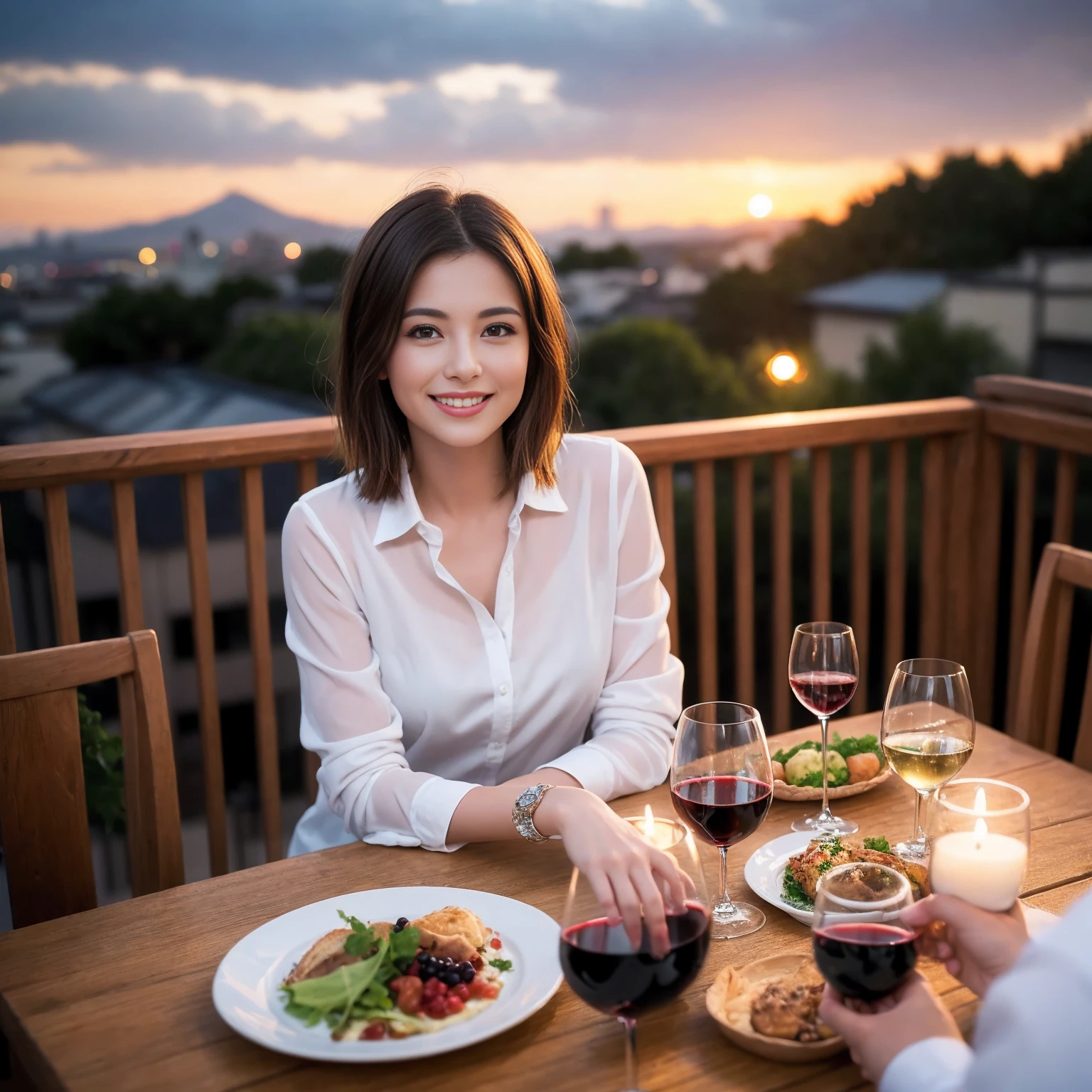 ((Highest quality、8K、masterpiece:1.3))、 (Ultra-realistic、 Genuine、Bright image、Intricate details:1.2), 最高のsmile、1 male 1 female、Wine Party、Beautiful couple、Love Love Love、Tokyo Lovers、Beautiful friends、actress couple、smile、Full-course dinner at a packed table、 (Slim face), (the body is slim), (Brown Hair), (short hair), テーブルのwine glass、Please shine a light on my face、 Amazing view of the sunset sky and clouds、 years old 39 years old, red wine 、Appetizers、Wine bottle、sparkling wine、Long sleeve shirt、dress、White wine, red wine, wine glass,