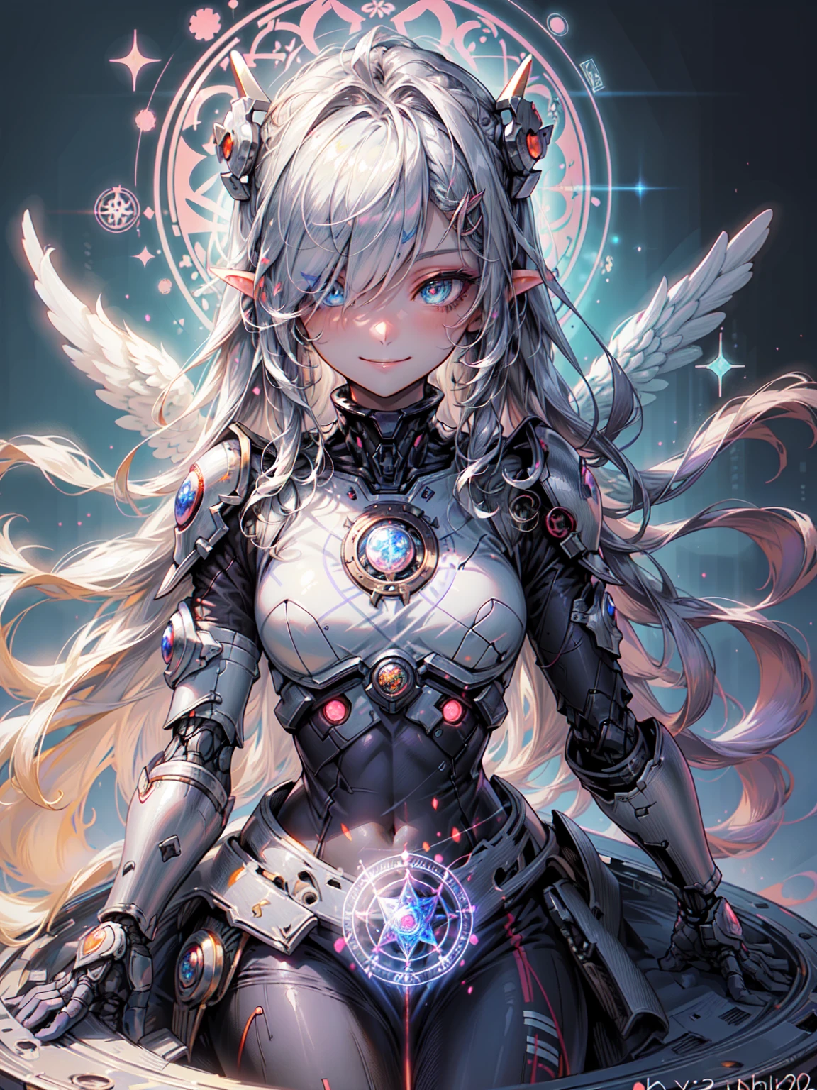 (Illustration Style:1.0), (One Woman:1.0), (20-year-old:1.0), (Small breasts:1.2), (Background Gorgeous Magic Circle Kaleidoscope:1.3), (Light particle effect:1.3), (floating pose, Jumping:1.2),
(Medium Shot:1.2), (Written boundary depth:1.1), Blake
(A beautiful face with perfect symmetry:1.1), (Beautiful details、Clear blue eyes:1.1),
(Cybernetic Genoid:1.0), (Very detailed mech suit:1.1), (White Gothic Breastplate:1.1),
(Gorgeous white shrine maiden outfit :1.3), (Angel Wings:1.1), Machinery Armor、Organic Armor Cyborg、Armor Textures、smile, break、 (Dark Elf), Perfect Face, 優しいsmile、Get used to it, Ahoge, ((Long Hair:1.2)), (Hair above one eye:1.3), [[Messy Hair]], Shiny blonde white hair, Purple eyes, Variegated eyes, Colorful Hair, Shining Eyes, (eyelash, eye shadow, ピンク eye shadow), bright, smile, Design Art：Haruhiko Mikimoto, by Kawashi, By Yoshitaka Amano, Dark brown skin
