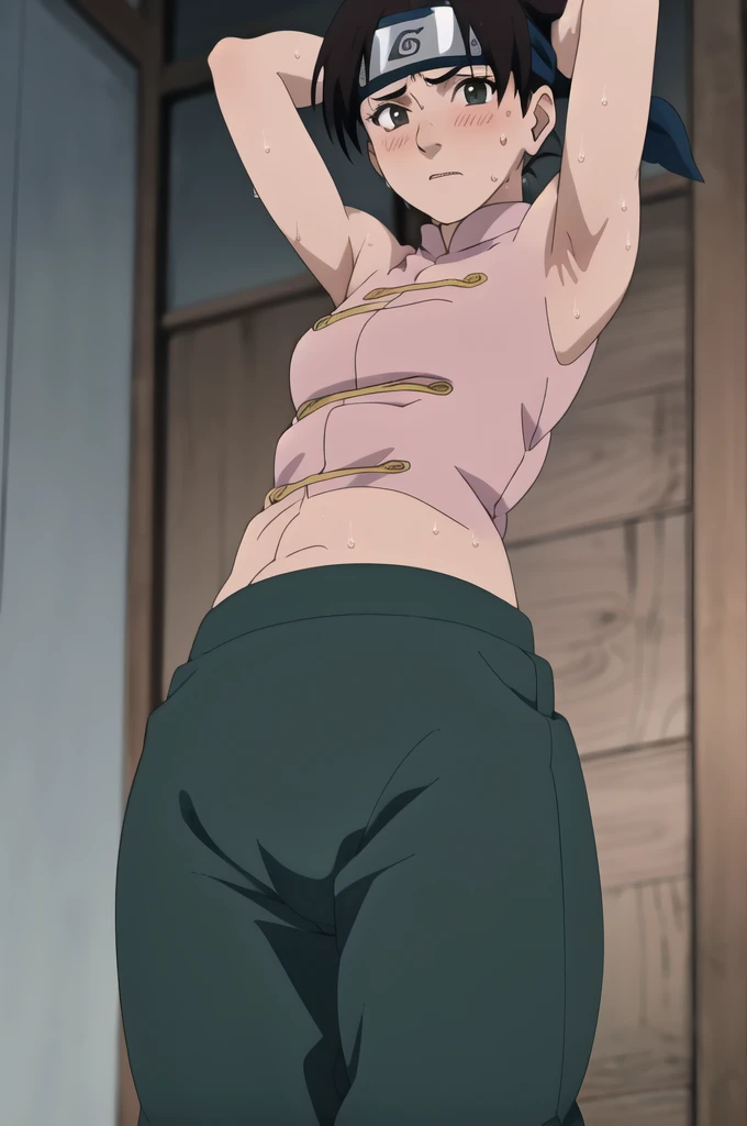 (masterpiece, 4K, Highest quality, anime style: 1.9, Detailed face, Lovely, Bold, High resolution, anime, Curvaceous, Thighs,, (The scorned face,blush).Very slim belly, Cowboy Shot, (One girl),NARUTOanime風, Tenten,(((Sweaty))),(((armpits))),Pink Chinese dress,Dark green trousers,Place your hands behind your head.