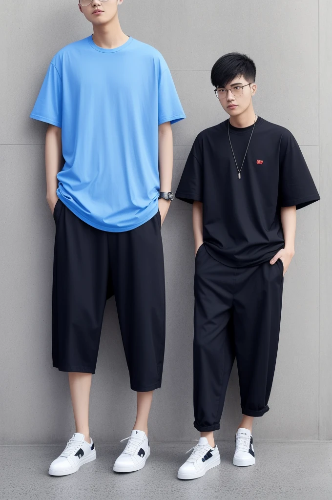 21 year old Beijing boy, he is wearing a oversize xxl blue plain t-shirt, he is wearing black trousers, he is wearing sneakers, he is wearing glasses, city, full body,  he is buzz cut Hair, foot, walking 