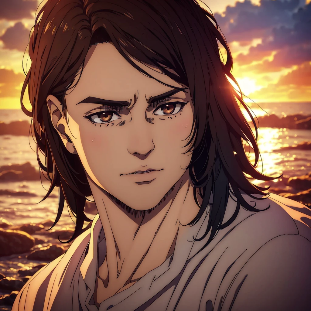 (best quality,4k,8k,highres,masterpiece:1.2),ultra-detailed,(realistic,photorealistic,photo-realistic:1.37), young man , mappa art style, heart-shaped face shape , almond-shaped brown eyes with positive canthal tilt, dark brown hair color , his hair is well styled in curtain hair, he looks handsome, he is fair , sharp jawline , he is wearing black shirt