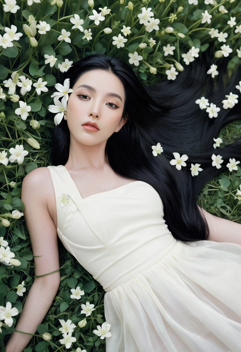 a woman with long black hair and white flowers in her hair is laying down in a field of white flowers, (amy sol:0.248), (stanley artgerm lau:0.106), (a detailed painting:0.353), (gothic art:0.106)