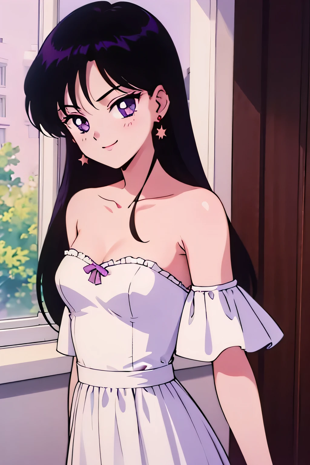 1 girl, solo, Rei Hino, Long Black Hair, Purple eyes, bare shoulders, star earrings, strapless, off shoulders, white ruffle off the shoulder maxi dress, smile, ballroom, columns, cowboy shot, facing viewer, absurdres, ultra detailed, masterpiece, best quality, Teenager, window of a purple sundown
